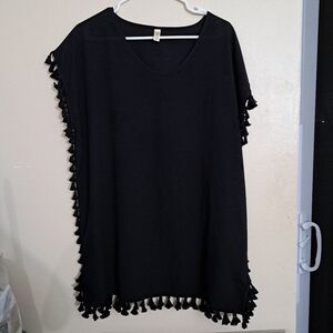 Yincra Black Tunic Top Size M Tassel Trim Swim Cover Up